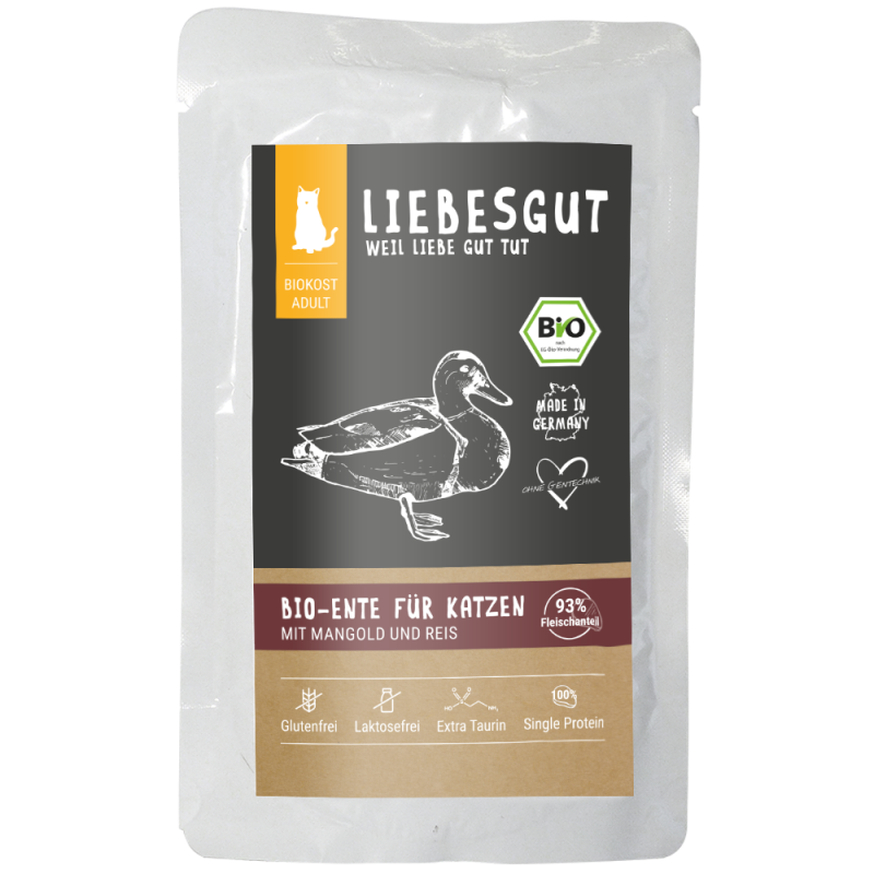 Liebesgut Katzennassfutter Bio Ente mit Mangold und Reis 100g