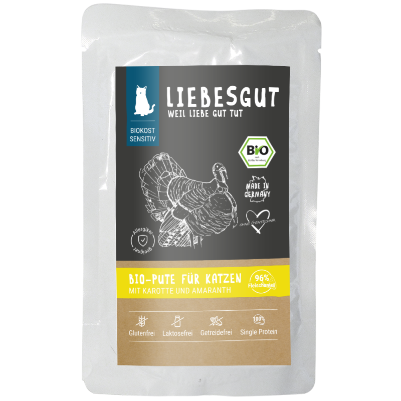 Liebesgut Katzennassfutter Sensitiv Bio Pute mit Karotte und Amaranth 100g