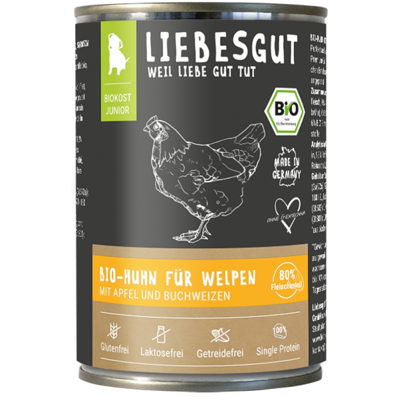 Liebesgut Hundenassfutter Junior Bio Huhn mit Apfel und Buchweizen 200g