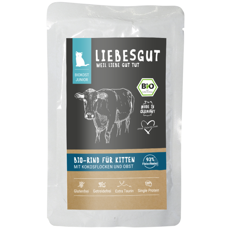 Liebesgut Katzennassfutter Junior Bio Rind mit Kokosflocken und Obst 100g