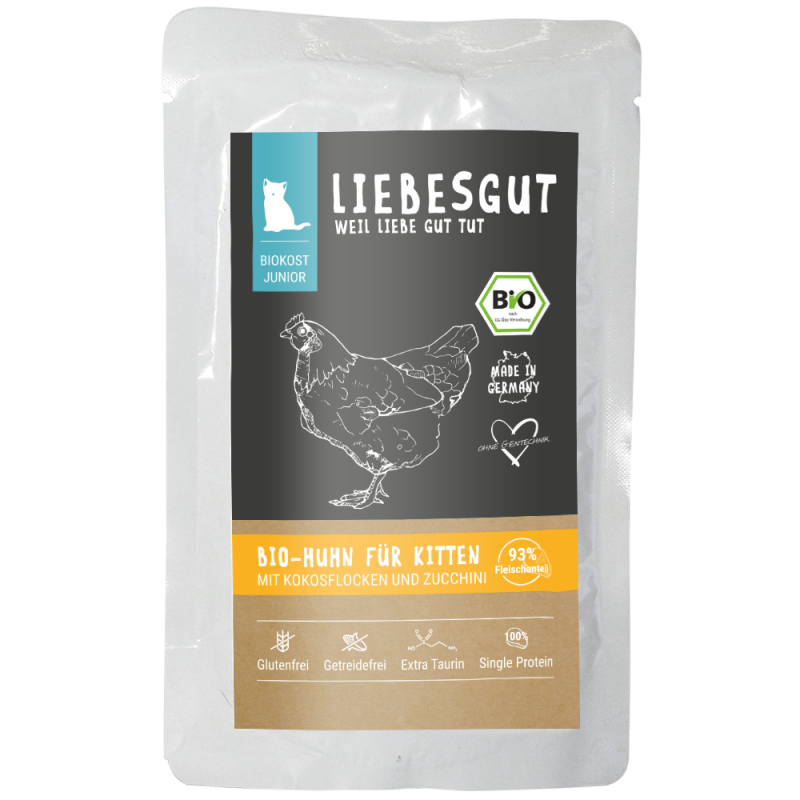 Liebesgut Katzennassfutter Junior Bio Huhn mit Kokos und Zucchini 200g