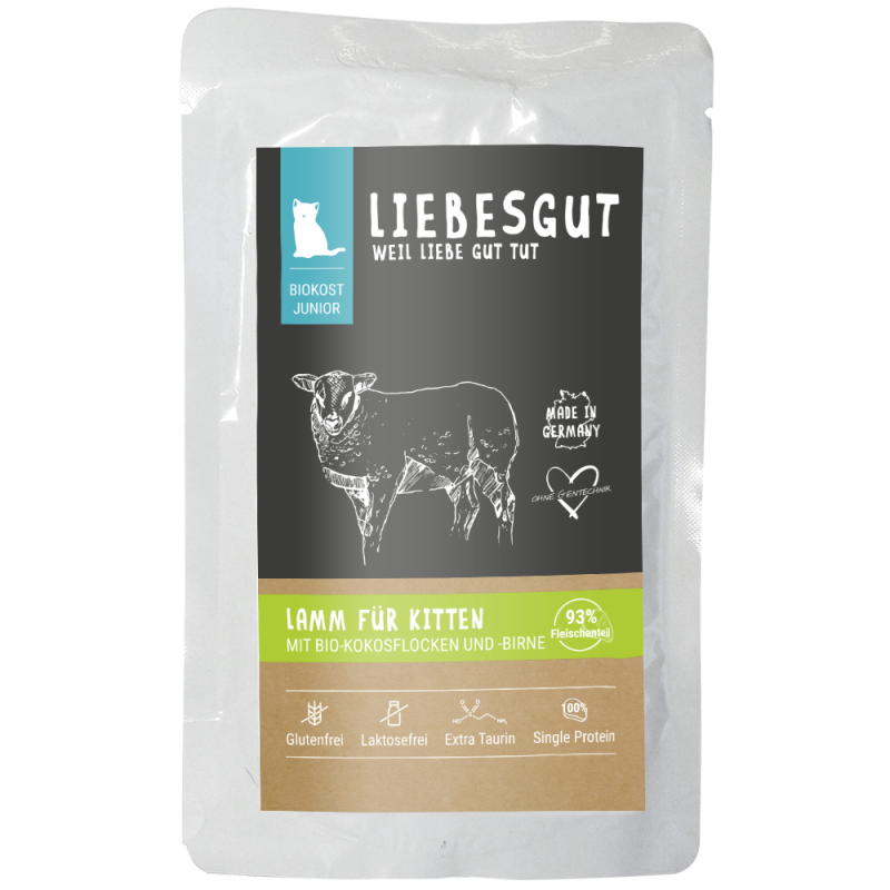 Liebesgut Katzennassfutter Junior Bio Lamm mit Kokos und Birne 100g