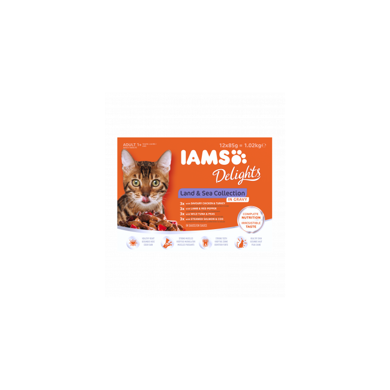 IAMS Delights Katzennassfutter Land & See Mix in Sauce 12x85g