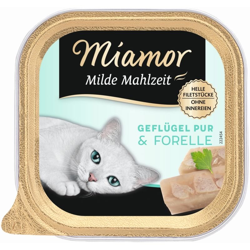 Miamor Katzen Nassfutter Schale Milde Mahlzeit 100g Geflügel pur & Forelle