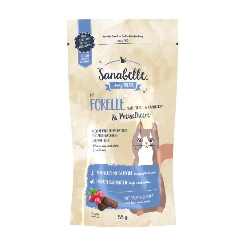 Sanabelle Katzen Snack Mini Fleischsticks Adult mit Forelle & Preiselbeere 20 x 55 g