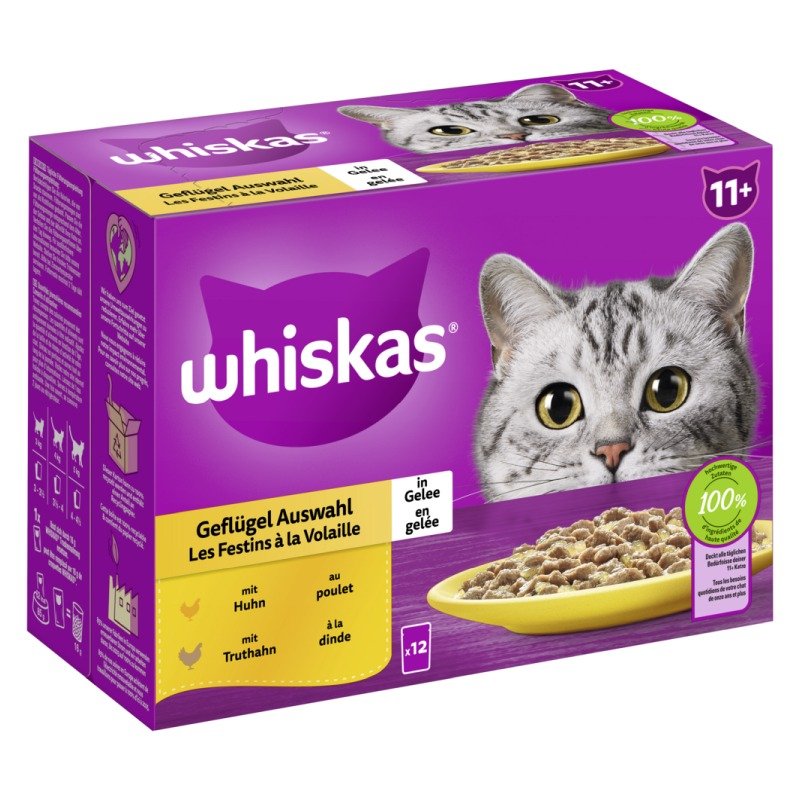 Whiskas Katzen Nassfutter Portionsbeutel in Gelee Multipack 11+ Geflügel Auswahl 12 x 85 g