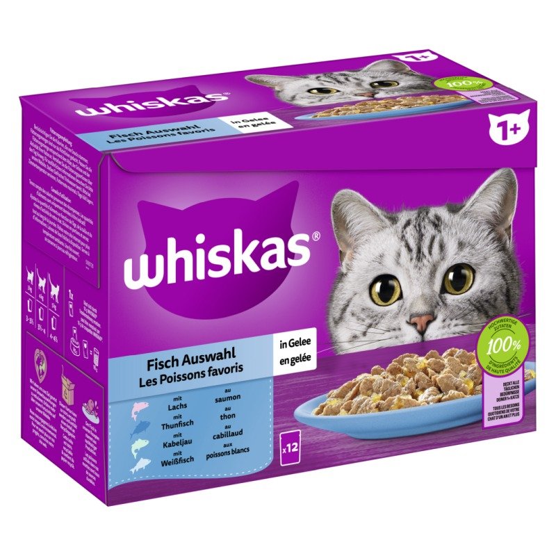 Whiskas Katzen Nassfutter Portionsbeutel in Gelee Multipack 1+ Fisch Auswahl 12 x 85 g