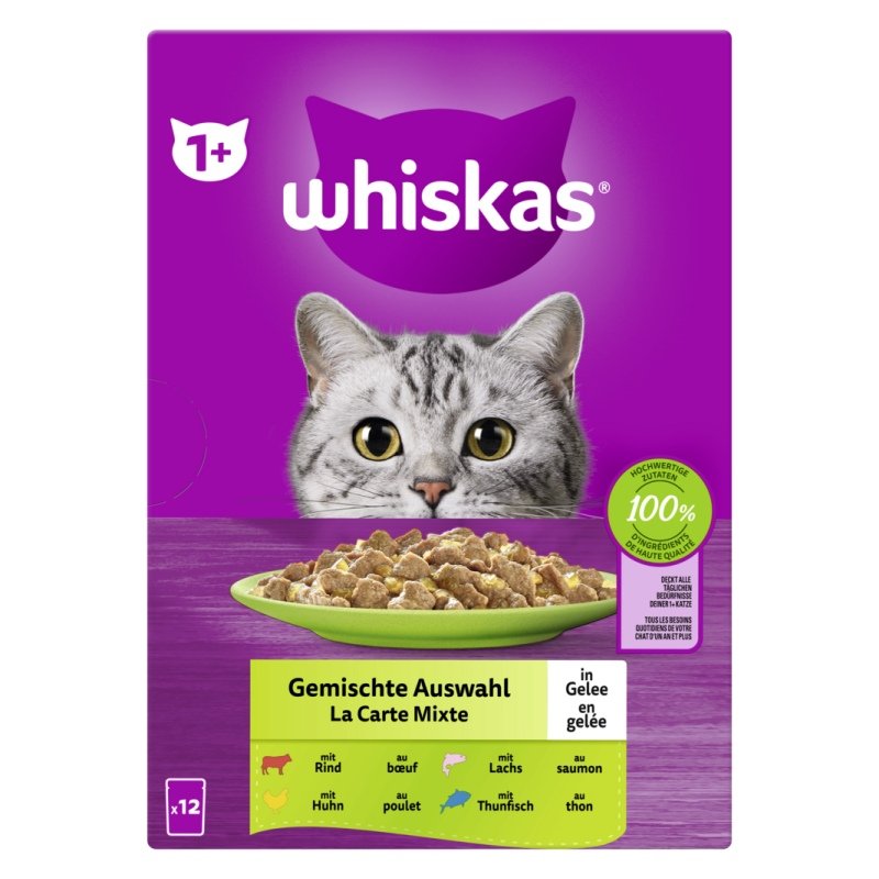 Whiskas Katzen Nassfutter Portionsbeutel in Gelee Multipack 1+ Gemischte Auswahl 12 x 85 g