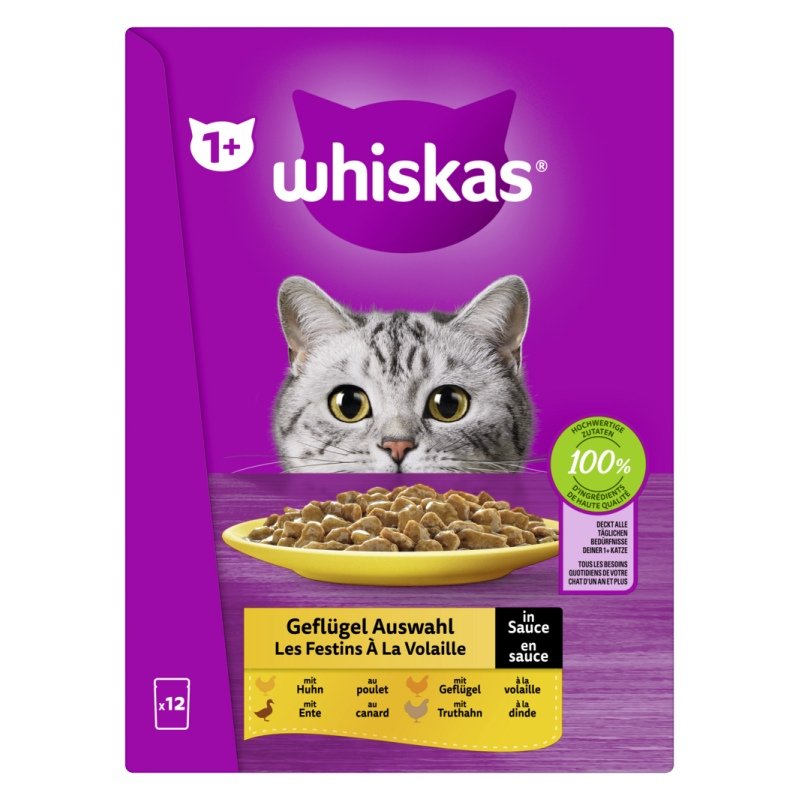 Whiskas Katzen Nassfutter Portionsbeutel in Sauce Multipack 1+ 12 x 85 g Geflügel Auswahl