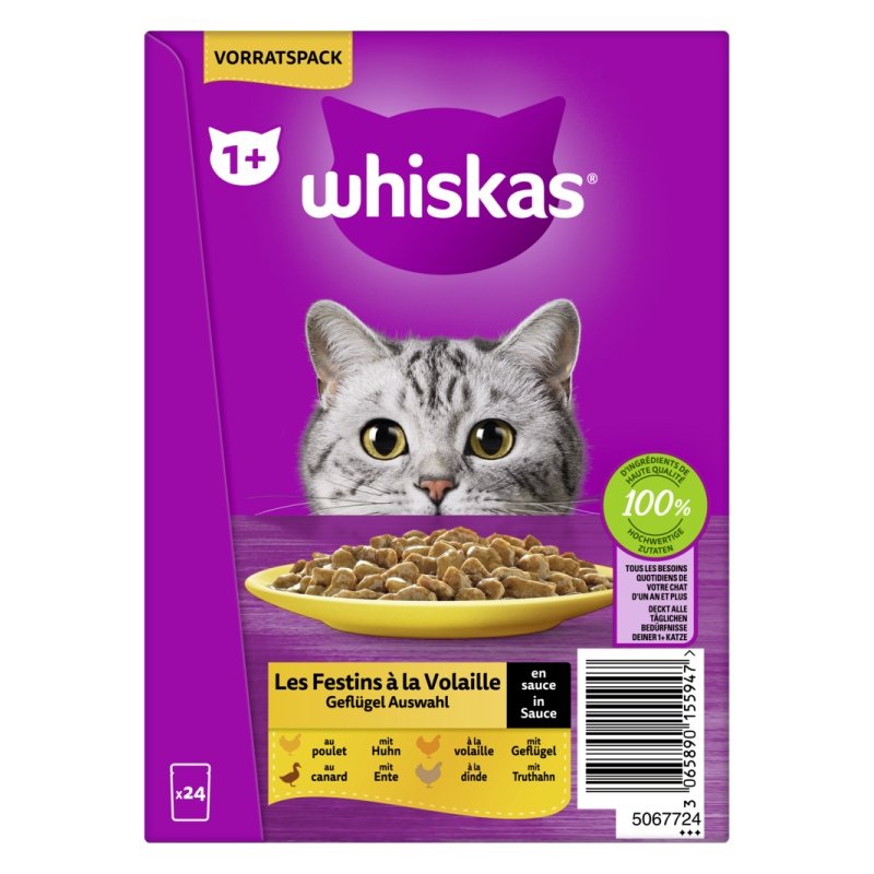 Whiskas Katzen Nassfutter Portionsbeutel in Sauce Multipack 1+ 24 x 85 g Geflügel Auswahl