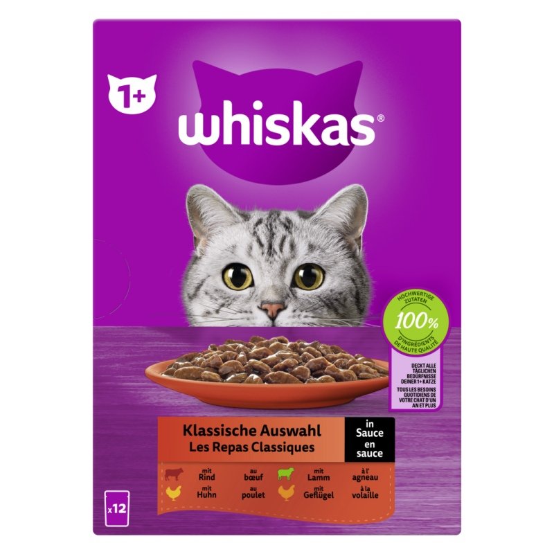 Whiskas Katzen Nassfutter Portionsbeutel in Sauce Multipack 1+ 12 x 85 g Klassische Auswahl