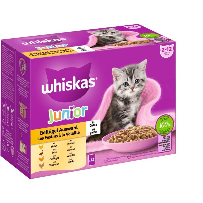 Whiskas Katzen Nassfutter Portionsbeutel in Gelee Multipack Junior Geflügel 12 x 85 g