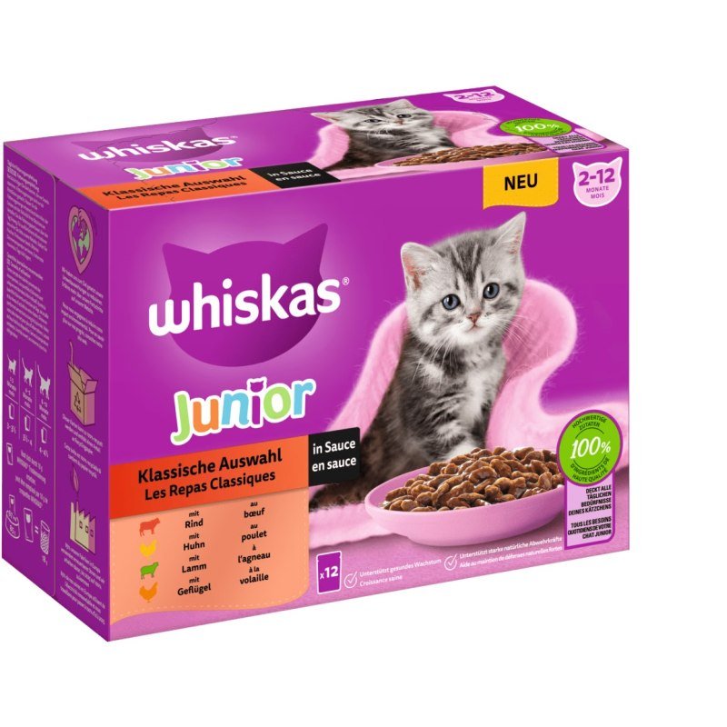 Whiskas Katzen Nassfutter Portionsbeutel in Sauce Multipack Junior Klassische Auswahl 12 x 85 g