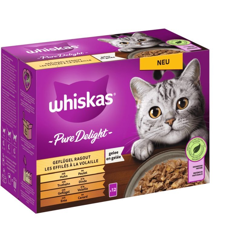 Whiskas Katzen Nassfutter Portionsbeutel in Gelee Multipack Pure Delight Geflügel Ragout 12 x 85 g