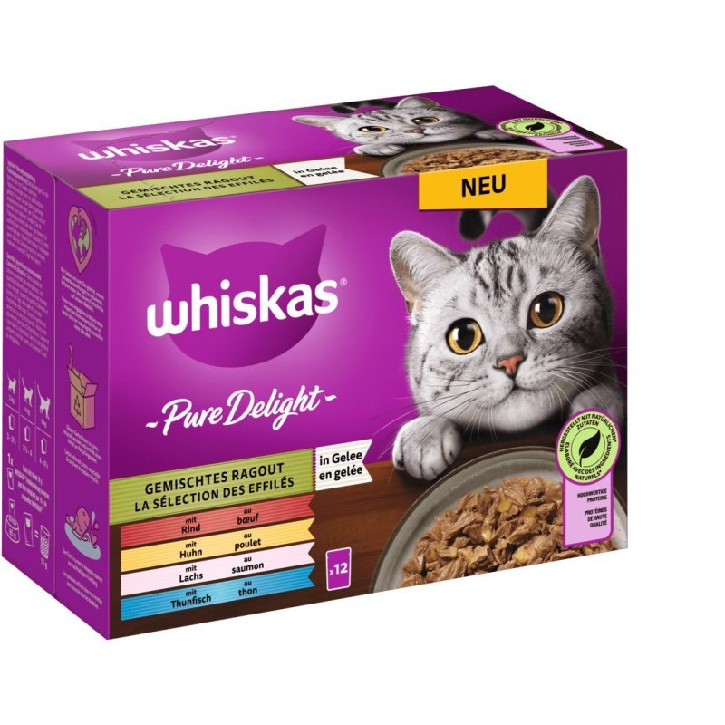 Whiskas Katzen Nassfutter Portionsbeutel in Gelee Multipack Pure Delight Gemischtes Ragout 12 x 85 g