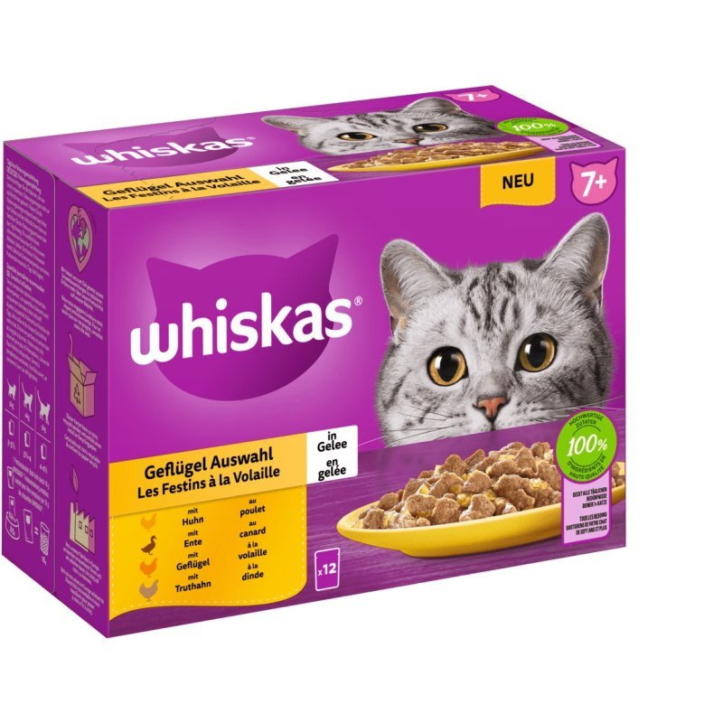 Whiskas Katzen Nassfutter Portionsbeutel in Gelee Multipack 7+ Geflügel Auswahl 12 x 85 g