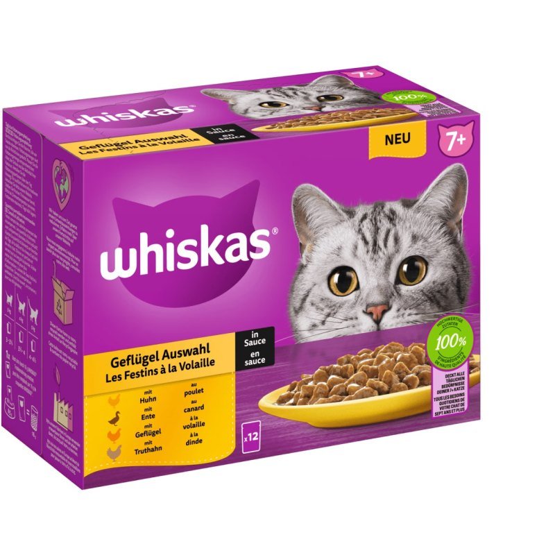 Whiskas Katzen Nassfutter Portionsbeutel in Sauce Multipack 7+ Geflügel Auswahl 12 x 85 g