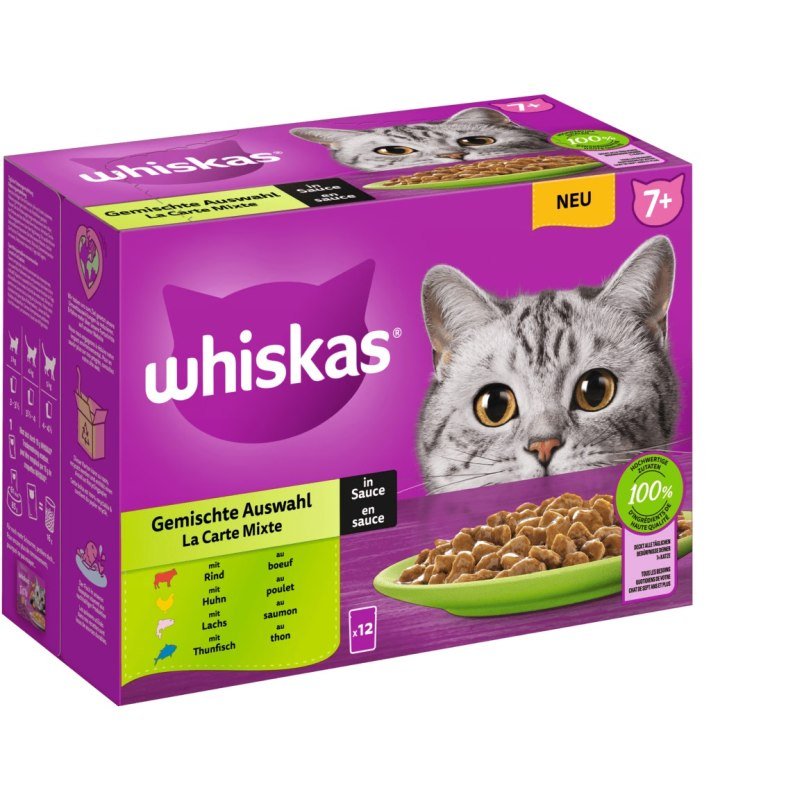 Whiskas Katzen Nassfutter Portionsbeutel in Sauce Multipack 7+ Gemischte Auswahl 12 x 85 g