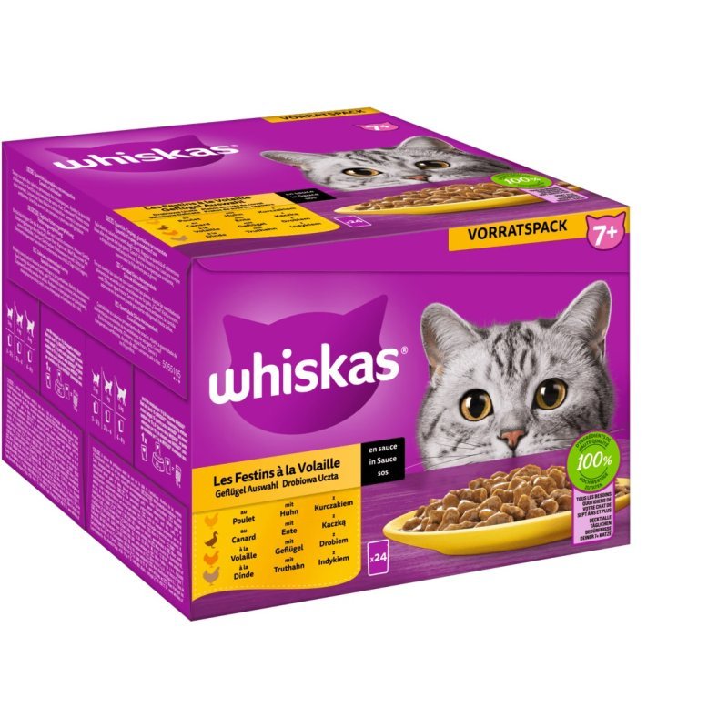 Whiskas Katzen Nassfutter Portionsbeutel in Sauce Multipack 7+ Geflügel Auswahl 24 x 85 g