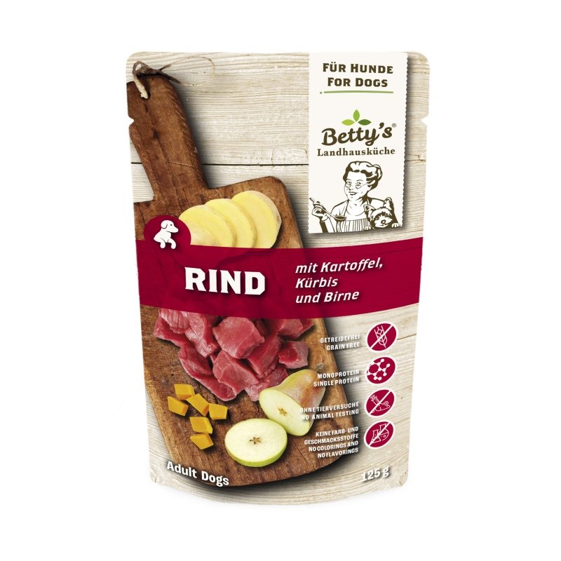 Betty's Landhausküche Hunde Nassfutter Frischebeutel Rind mit Kartoffel 125g