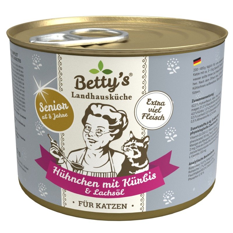 Betty's Landhausküche Katzenfutter Senior Hühnchen mit Kürbis & Lachsöl 200g