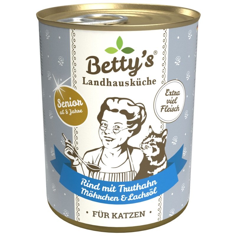 Betty's Landhausküche Katzenfutter Senior Rind mit Truthahn, Möhrchen & Lachsöl 400g