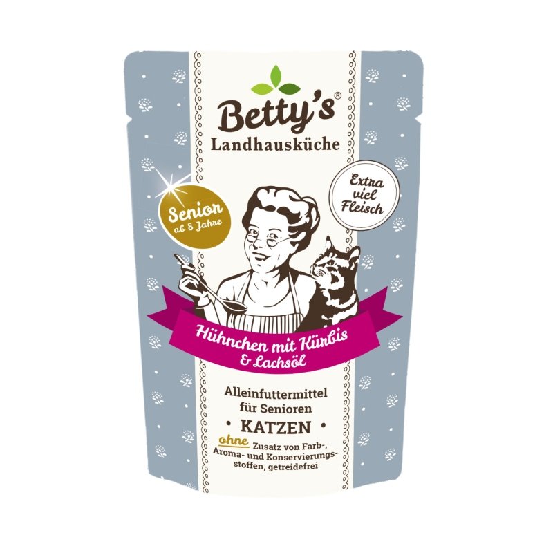 Betty's Landhausküche Katzenfutter Senior Frischebeutel Hühnchen mit Kürbis & Lachsöl 100g