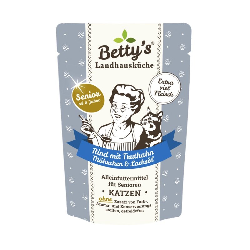 Betty's Landhausküche Katzenfutter Senior Frischebeutel Rind mit Truthahn, Möhrchen & Lachsöl 100g