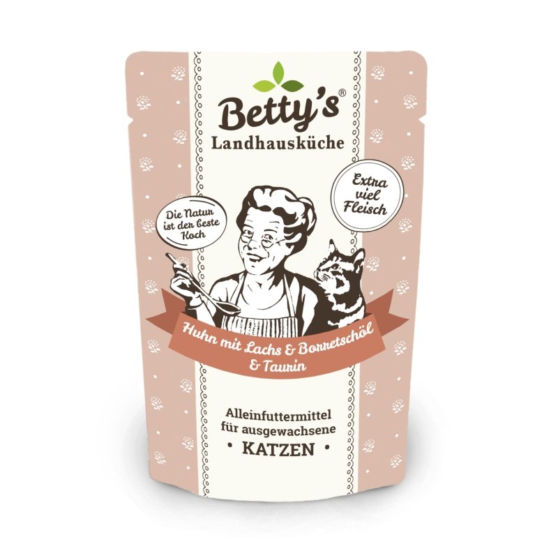 Betty´s Landhausküche Katzenfutter Frischebeutel Huhn mit Lachs & Borretschöl 100g