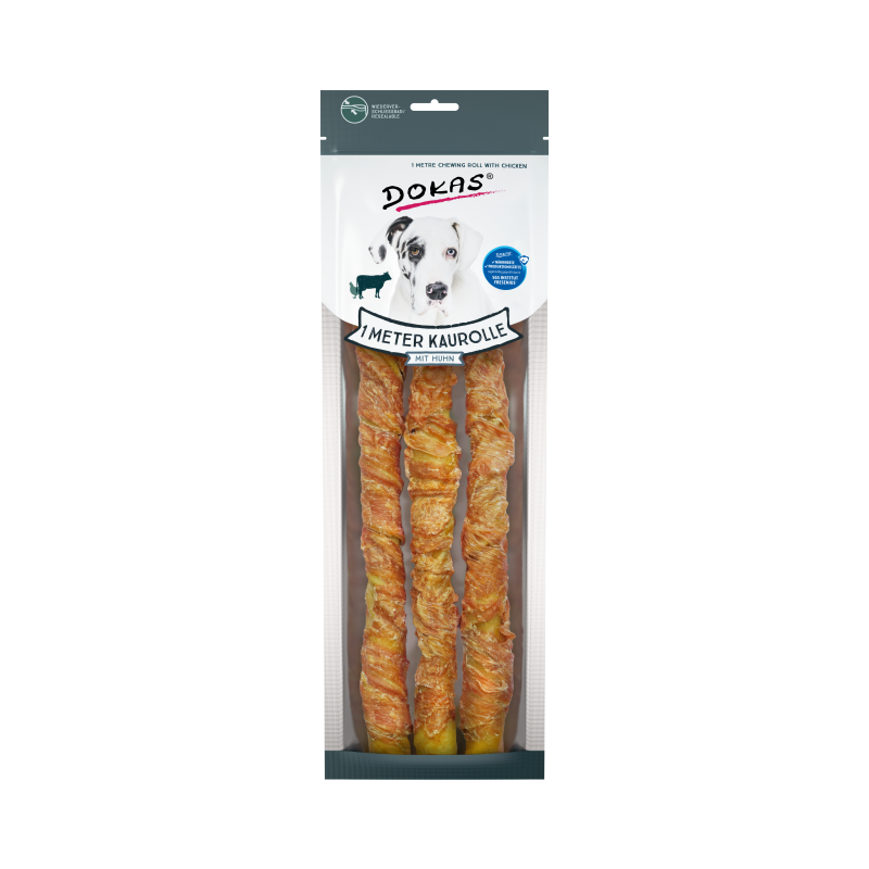 Dokas Hunde Snack 1m Kaurolle aus Rinderhaut mit Huhn 315g