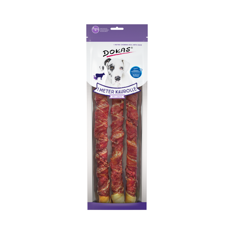 Dokas Hunde Snack 1m Kaurolle aus Rinderhaut mit Ente 315g